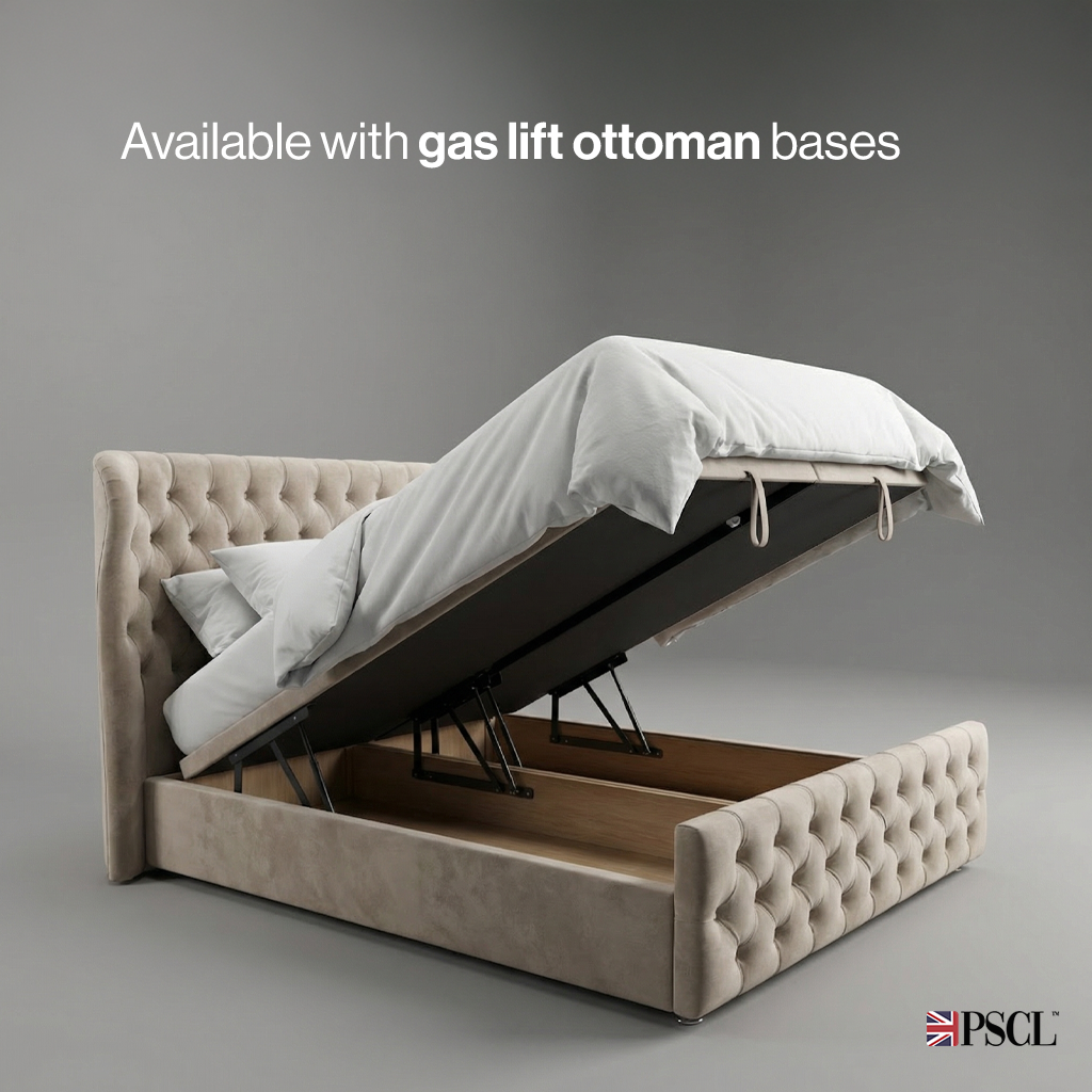 Kendal bed with solid gas-lift ottoman base open