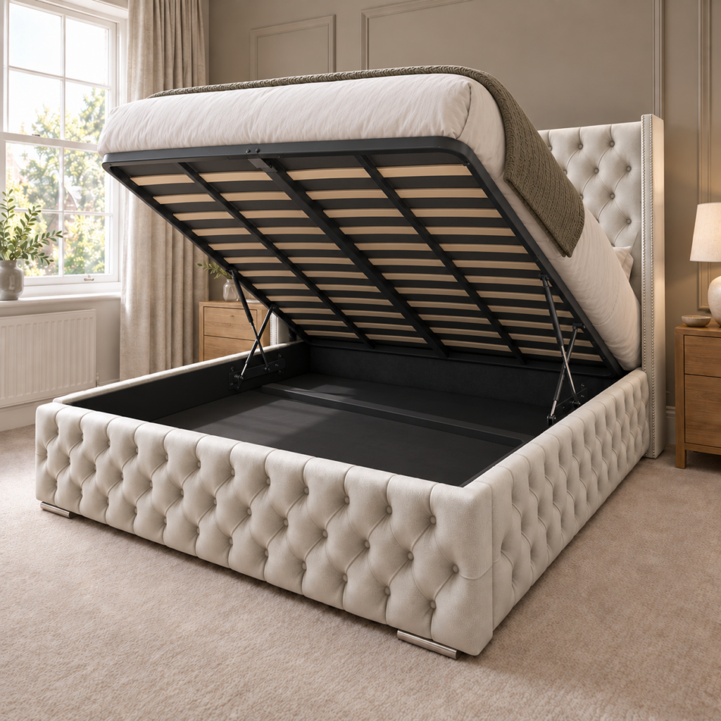 Rome ottoman bed with the gas-lift slatted platform raised to show the full-length storage space