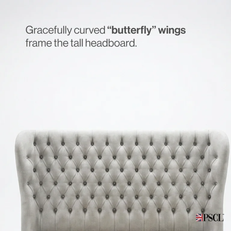 Curved butterfly wings and deep-buttoned headboard of the Kendal bed