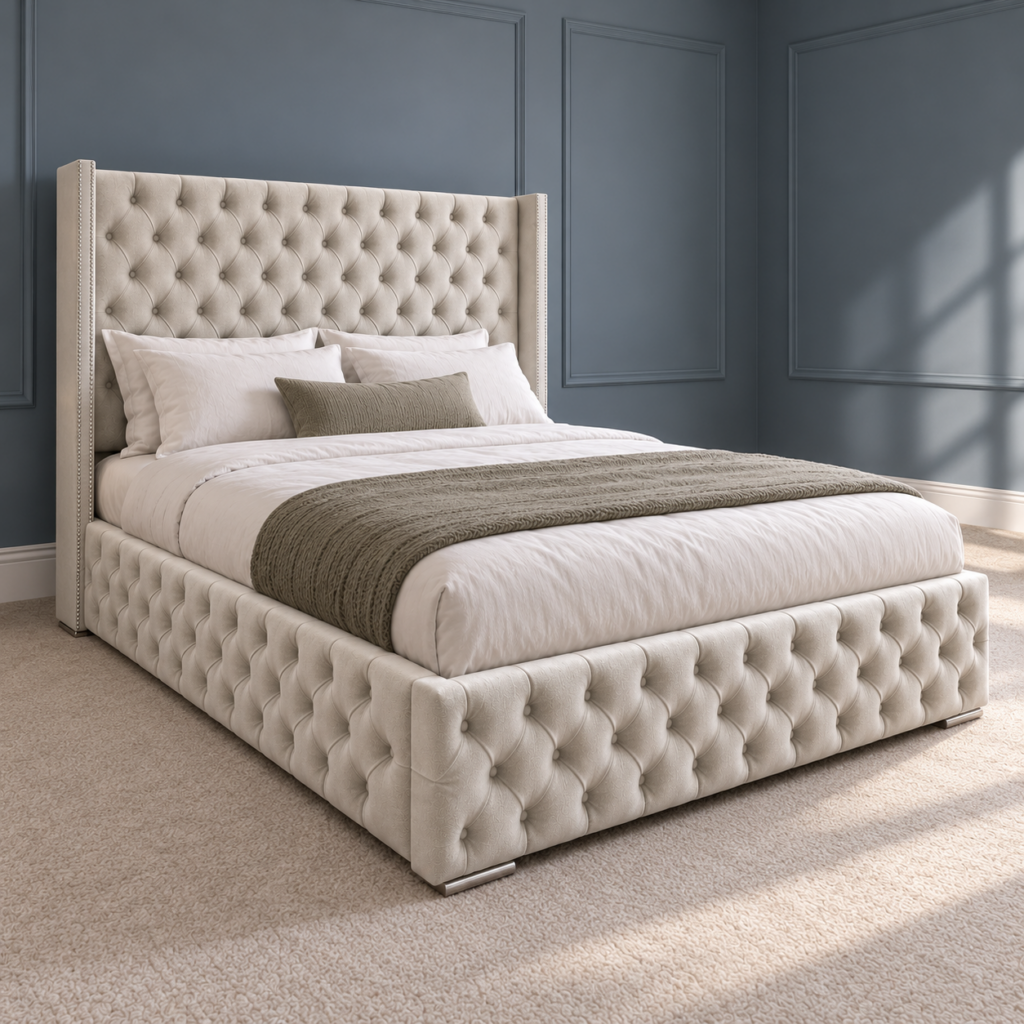 Close view of the Rome bed diamond buttoning in a blue grey bedroom