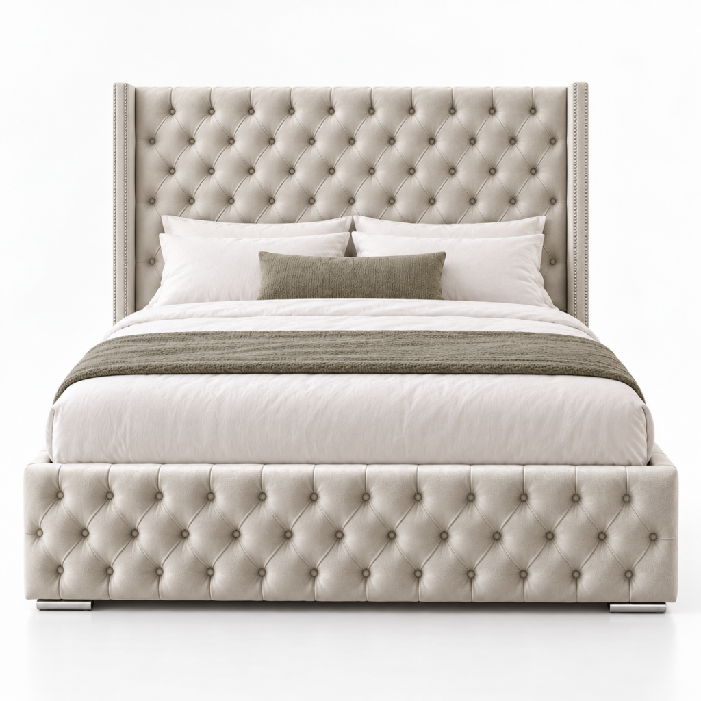 Front view of the Rome bed showing the diamond buttoned headboard, studded wings and buttoned footboard