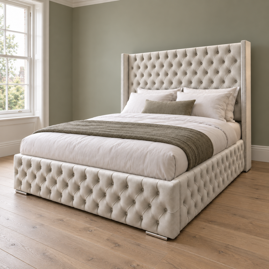 Rome bed with its low buttoned footboard in a sage green bedroom