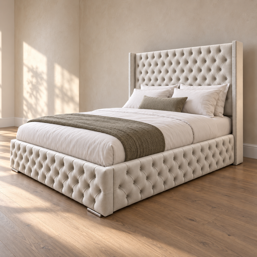 Rome Chesterfield bed in a warm limestone coloured bedroom showing the buttoned base and footboard
