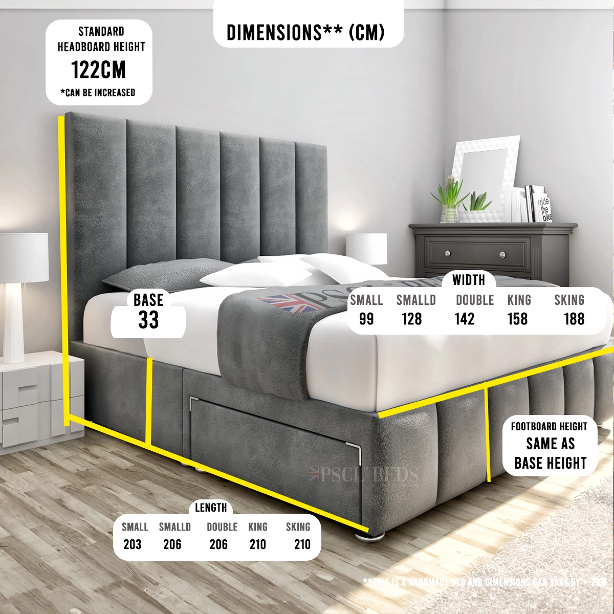 Lyon Storage Bed side view showing panelled headboard