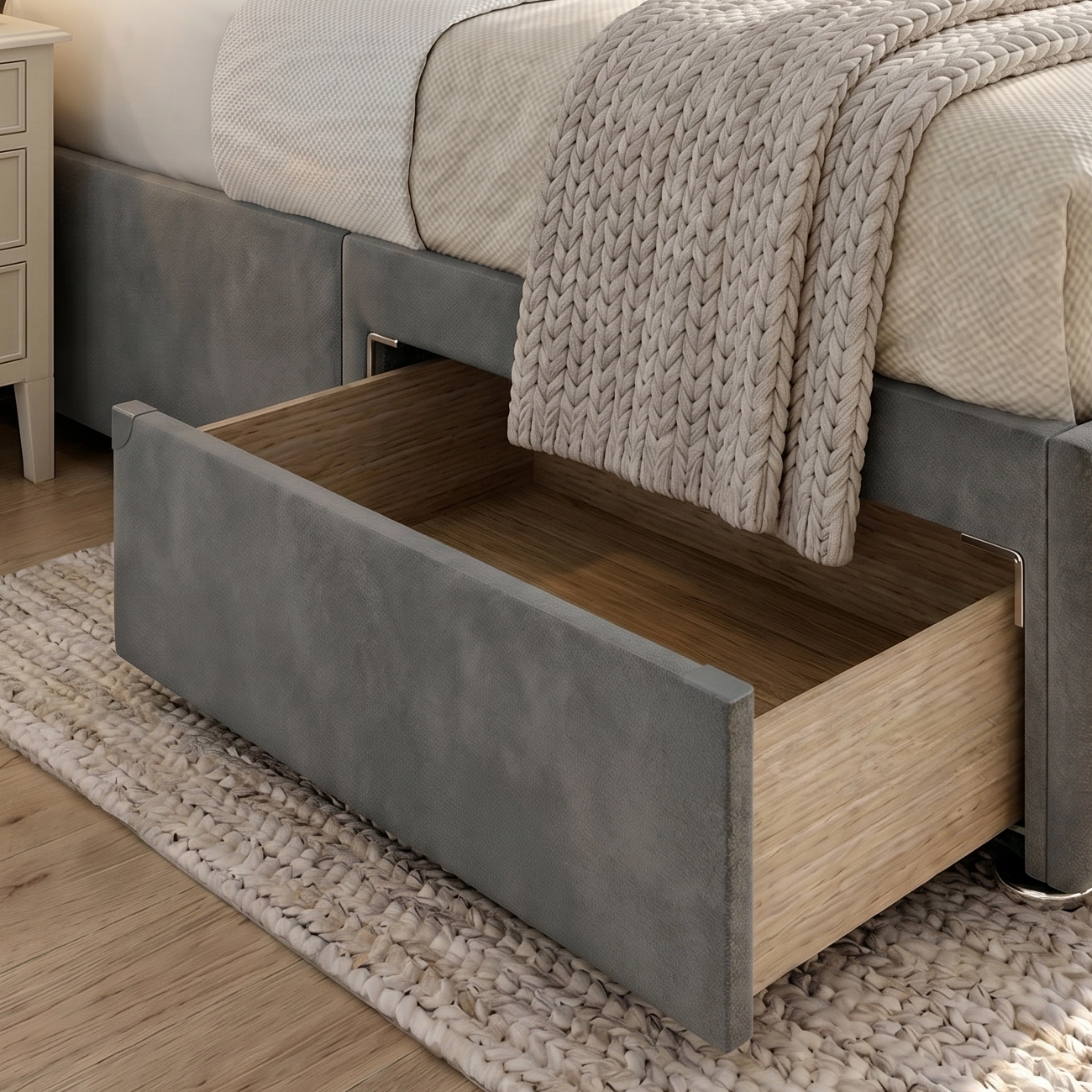 Lyon Storage Bed drawer open in the divan base