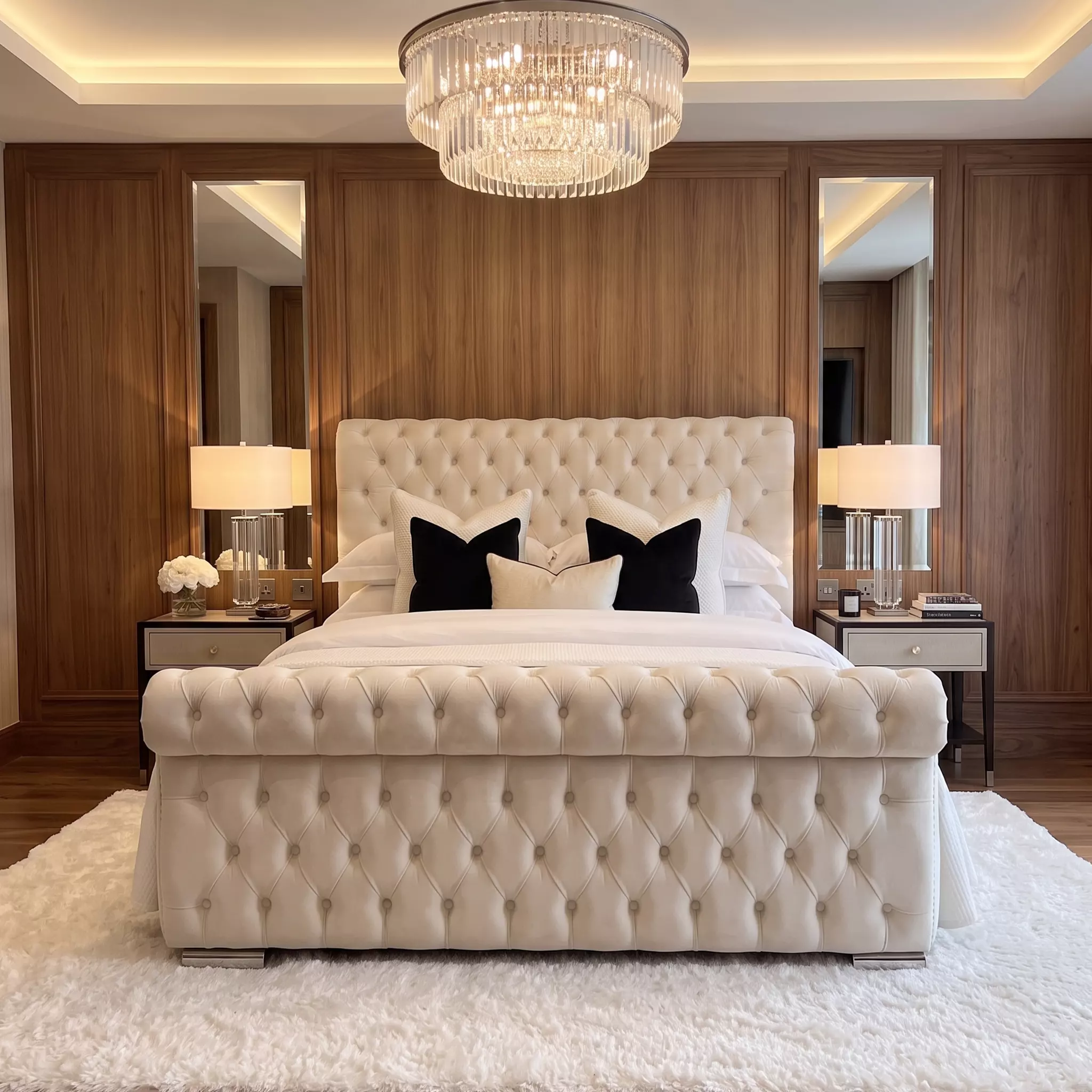 Sheffield chesterfield sleigh bed frame, side view showing the scrolled footboard