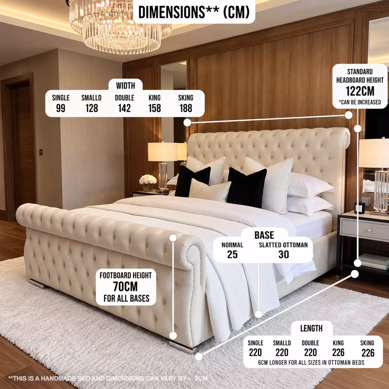 Sheffield chesterfield sleigh bed dimensions diagram showing widths, lengths, 122 cm headboard and 70 cm footboard