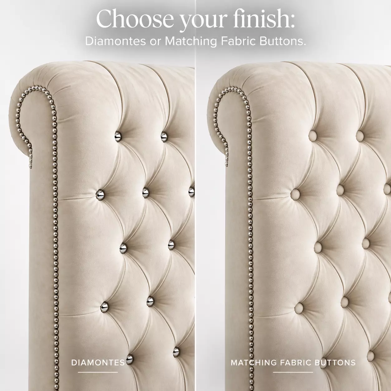Close-up of the Sheffield bed's deep-buttoned scrolled headboard and stud trim