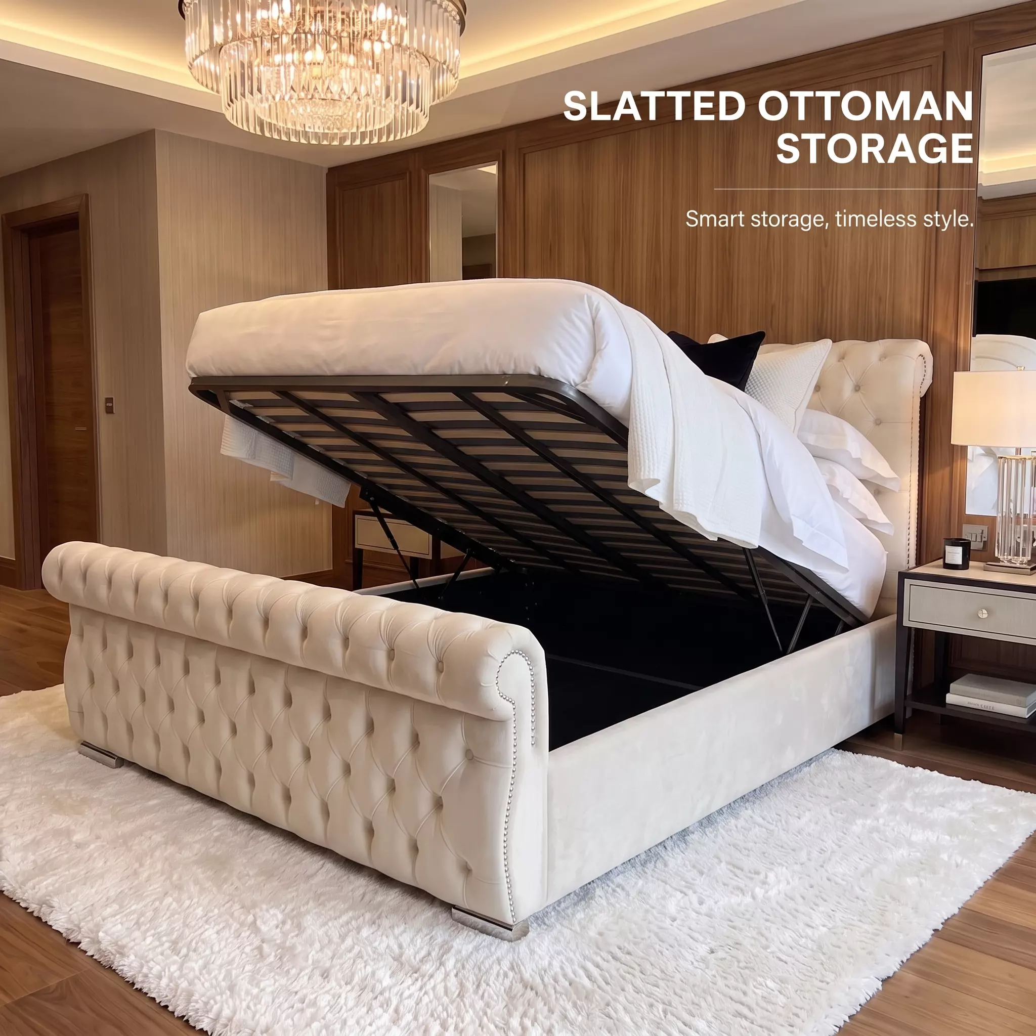 Sheffield chesterfield sleigh bed with reinforced slatted ottoman storage base lifted open on gas struts