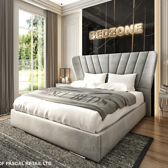 Luxurious New Dubai Palm bed frame with plush wingback headboard, optional ottoman and divan storage