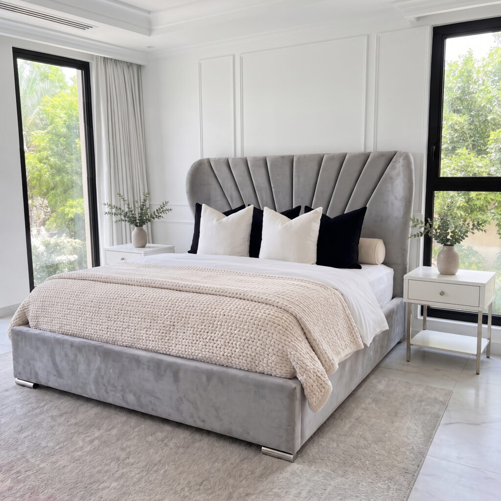 Dubai Palm wingback bed frame upholstered in Plush Silver fabric