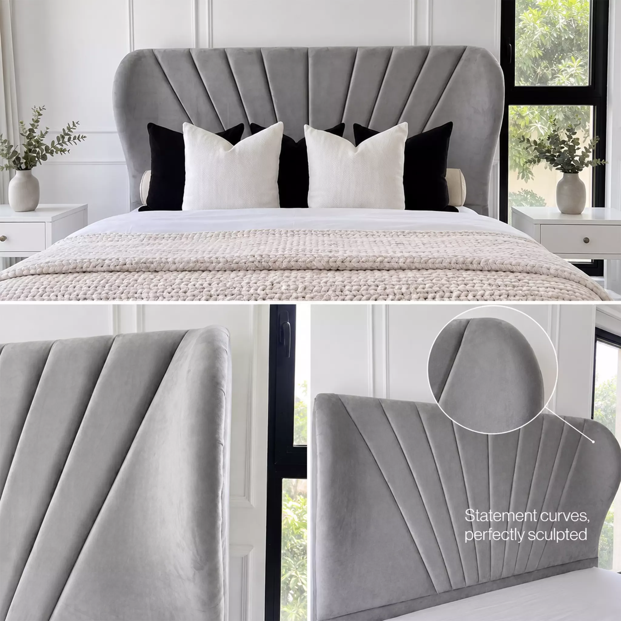 Close up of the Dubai Palm wingback headboard padding