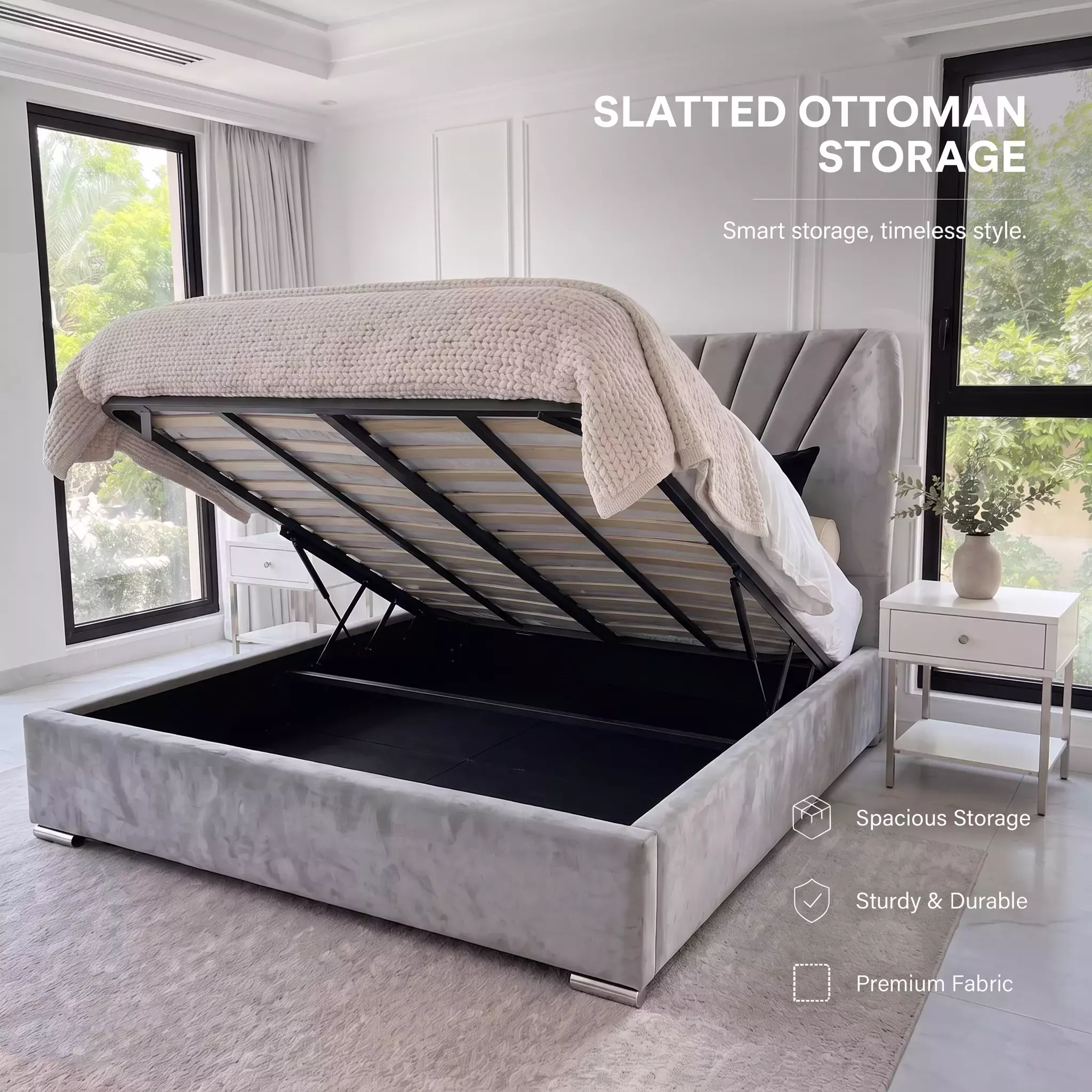 Dubai Palm bed with gas lift slatted ottoman storage open