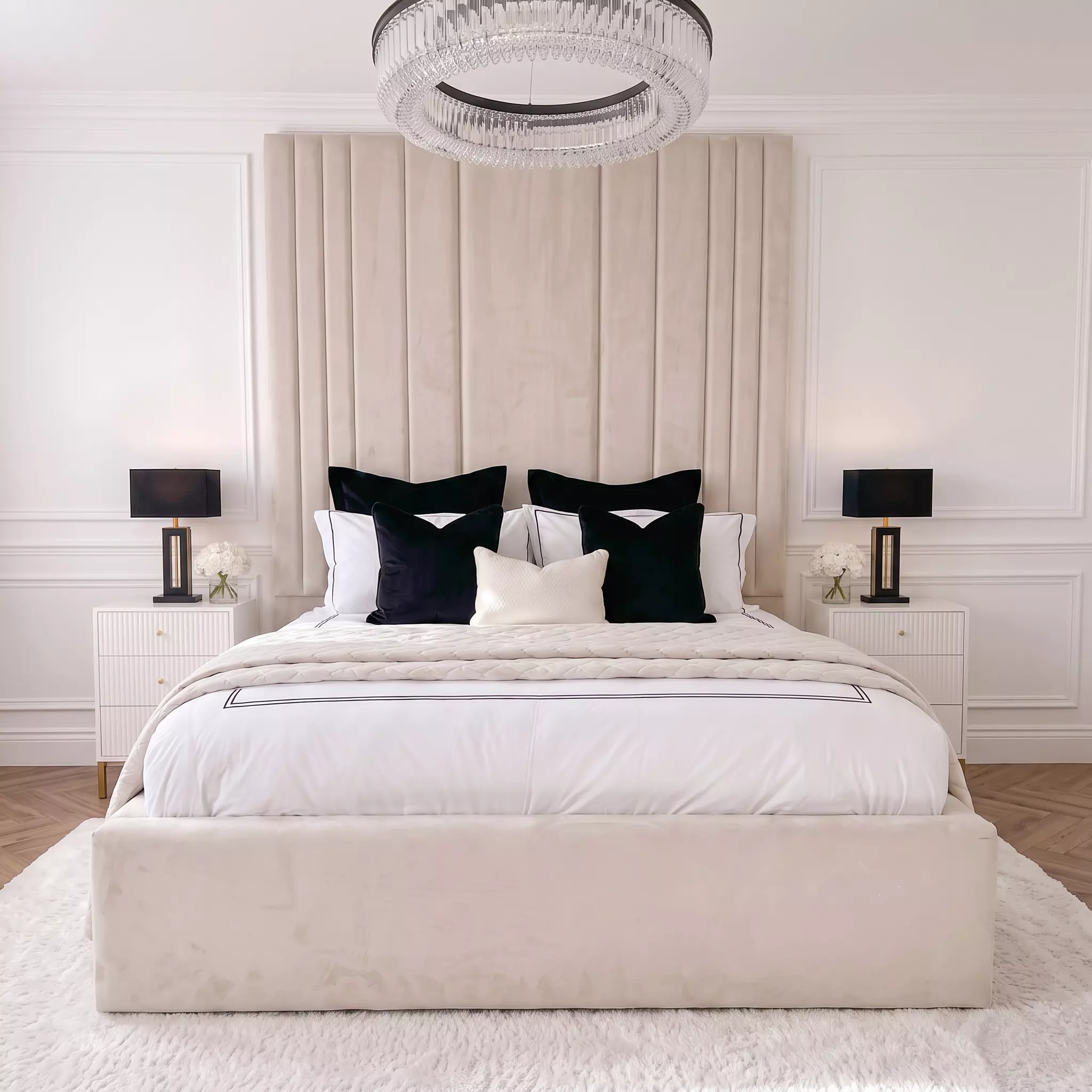 Front angle view of the New York tall headboard bed frame