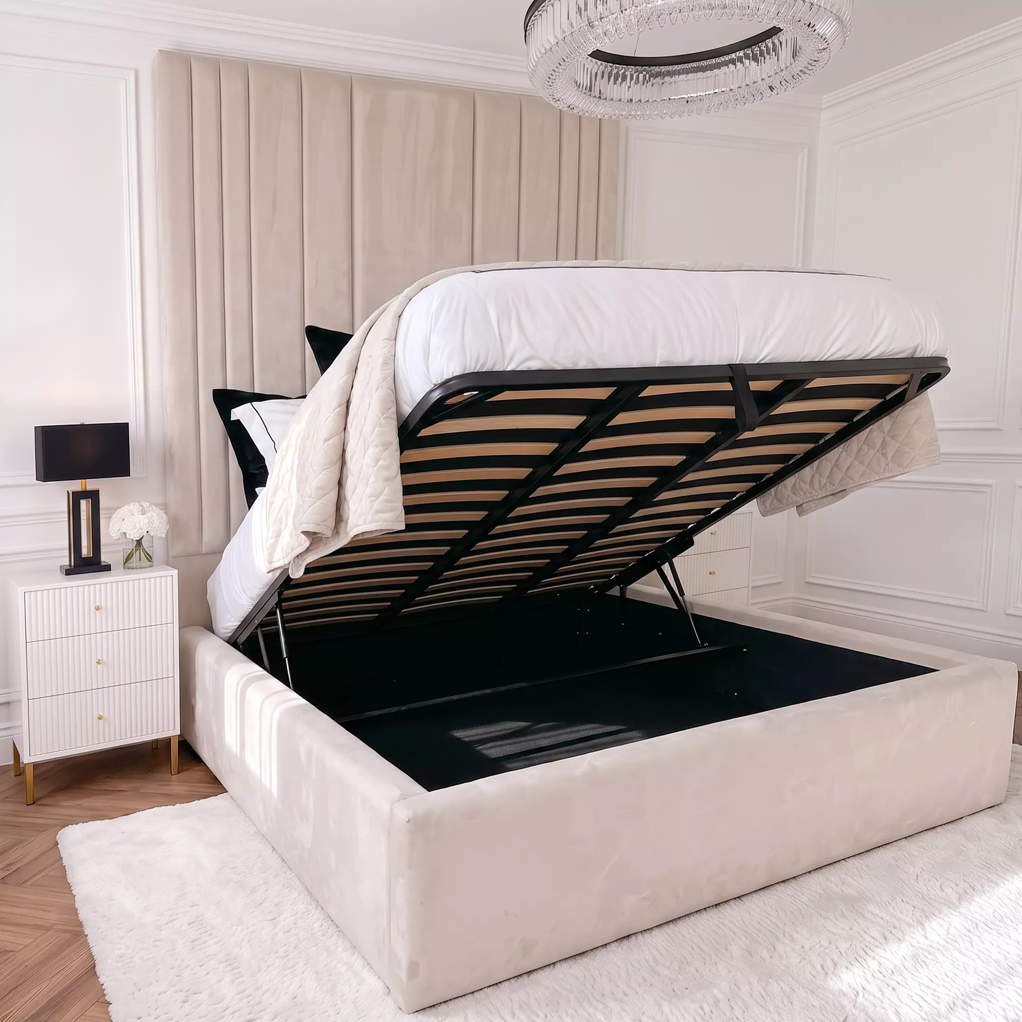 New York bed with gas lift slatted ottoman storage open