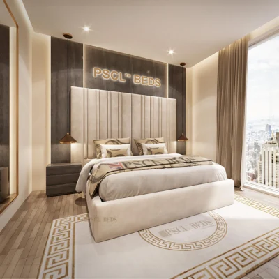 An elegant and luxurious Geneva High & Wide Headboard Bed Frame by PSCL Beds, featuring a tall and expansive headboard that elevates bedroom decor.