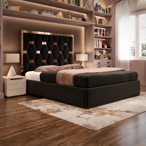 Black Plush Golden Pyramid Bed with Optional Ottoman Storage