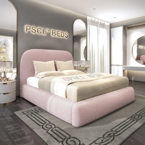 Hawaii Pink Bouclé Bed with optional ottoman storagem