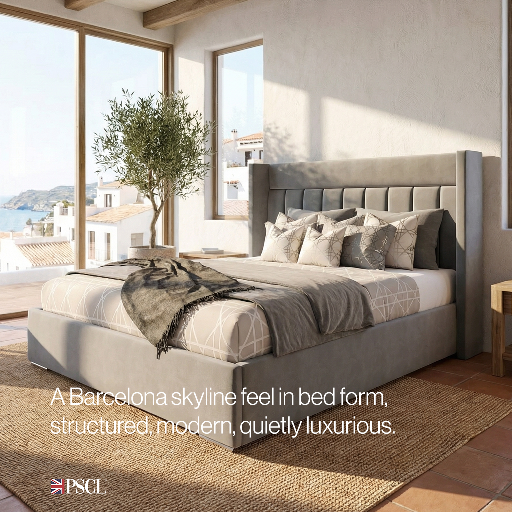 Close view of the Barcelona bed frame's vertical channel stitched lines and winged headboard