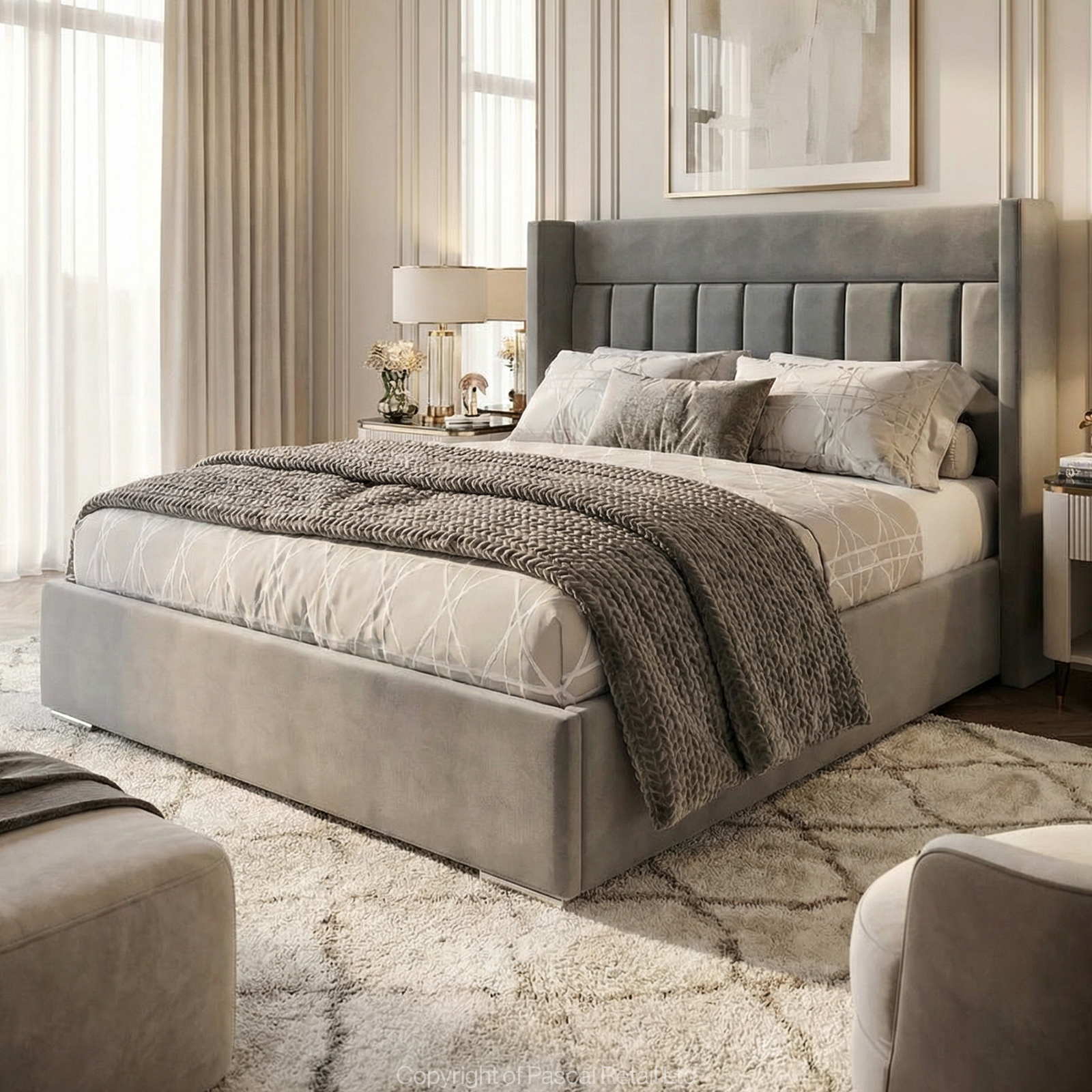 Barcelona bed frame with vertical lines, upholstered wingback headboard in Plush Grey, handmade in Yorkshire