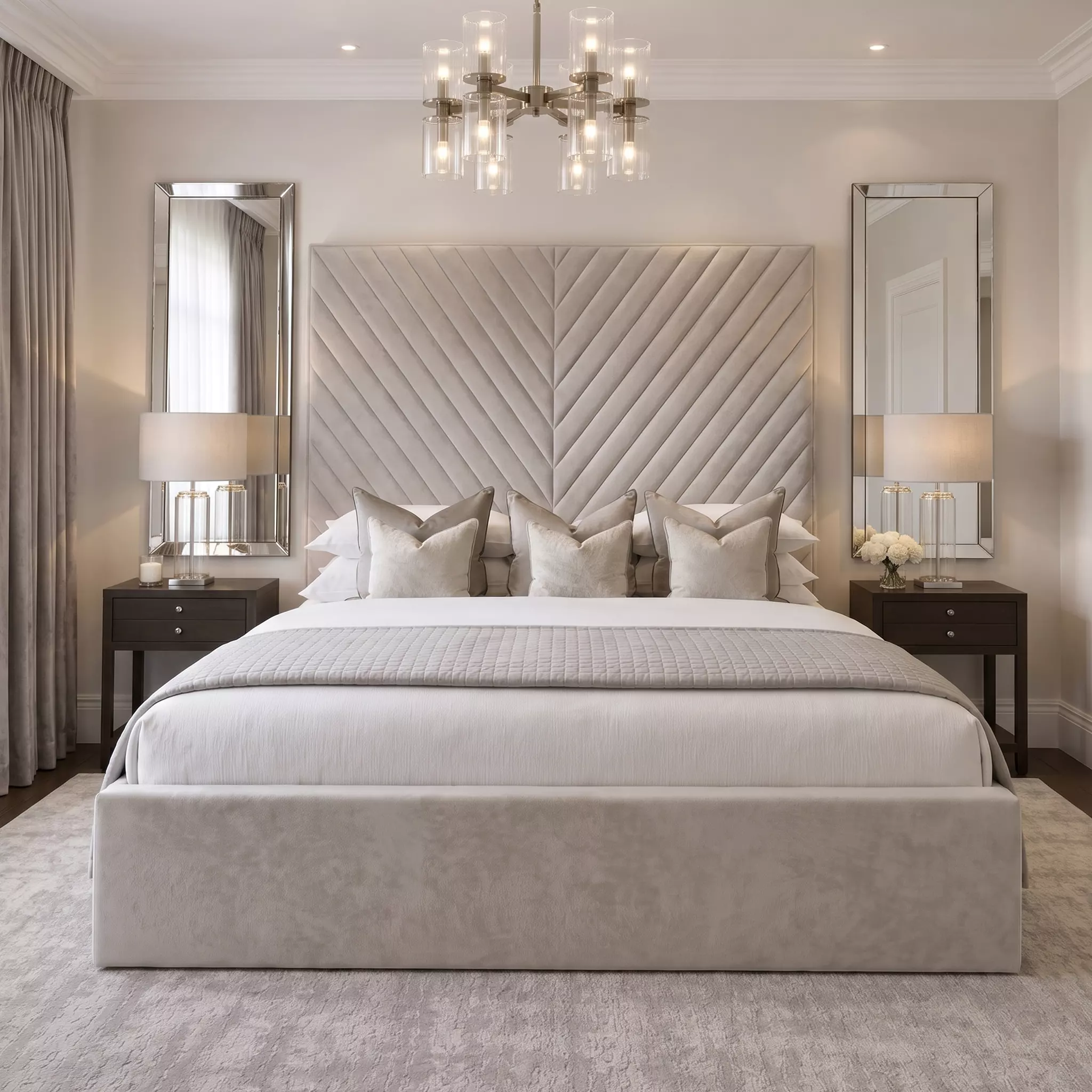Silver Fern high headboard bed, front view showing chevron stitching