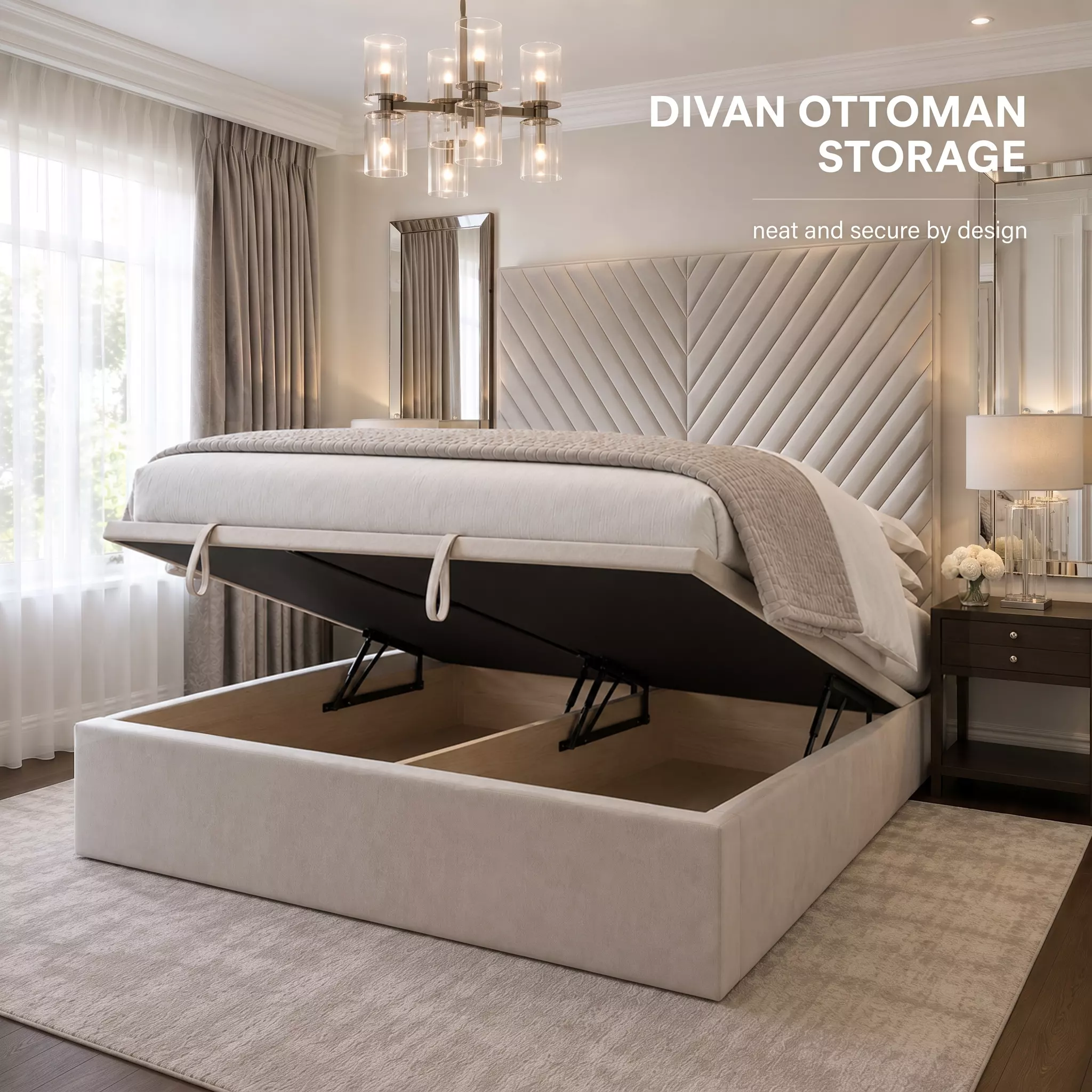 Silver Fern bed with solid divan ottoman storage base lifted open