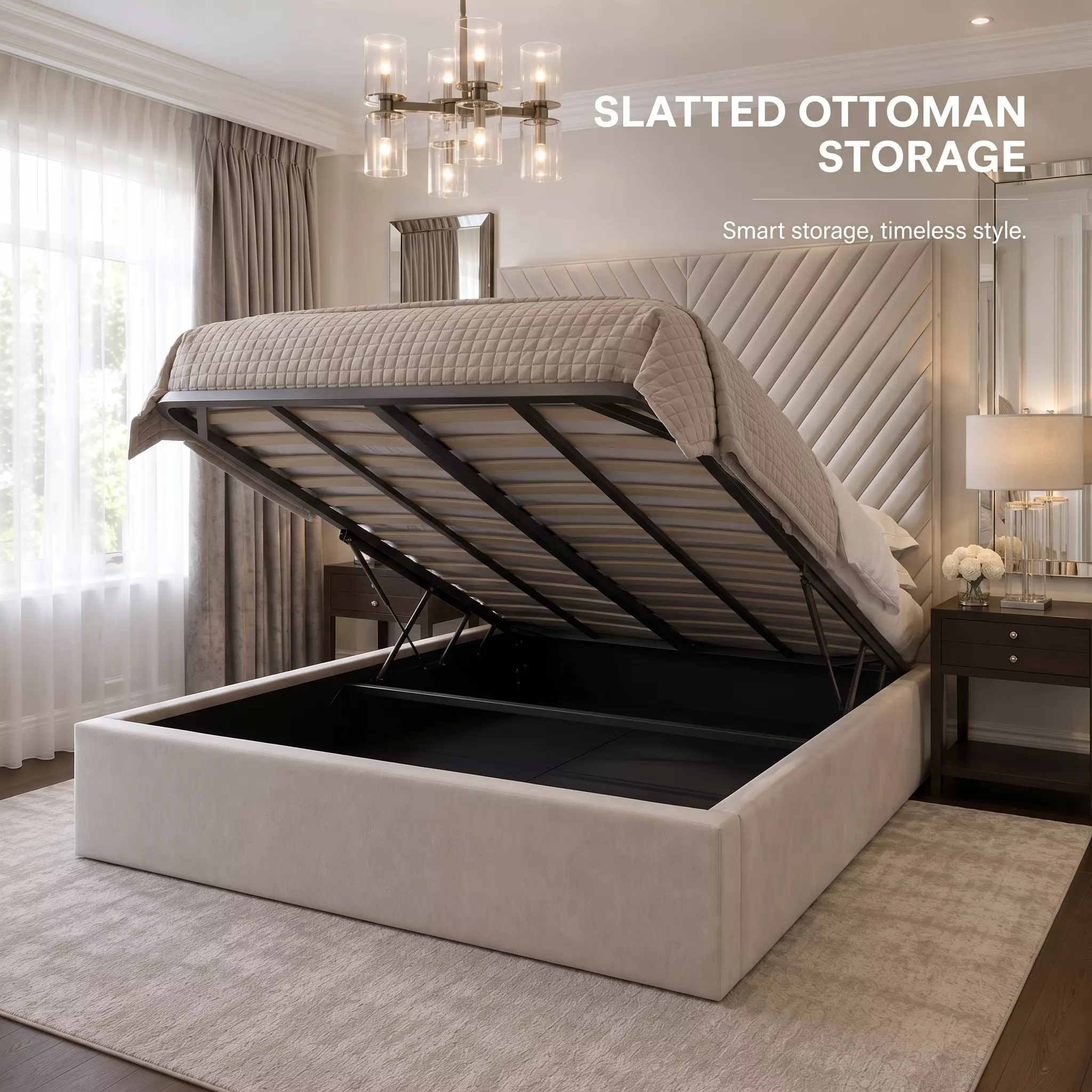 Silver Fern bed with reinforced slatted ottoman storage base lifted open