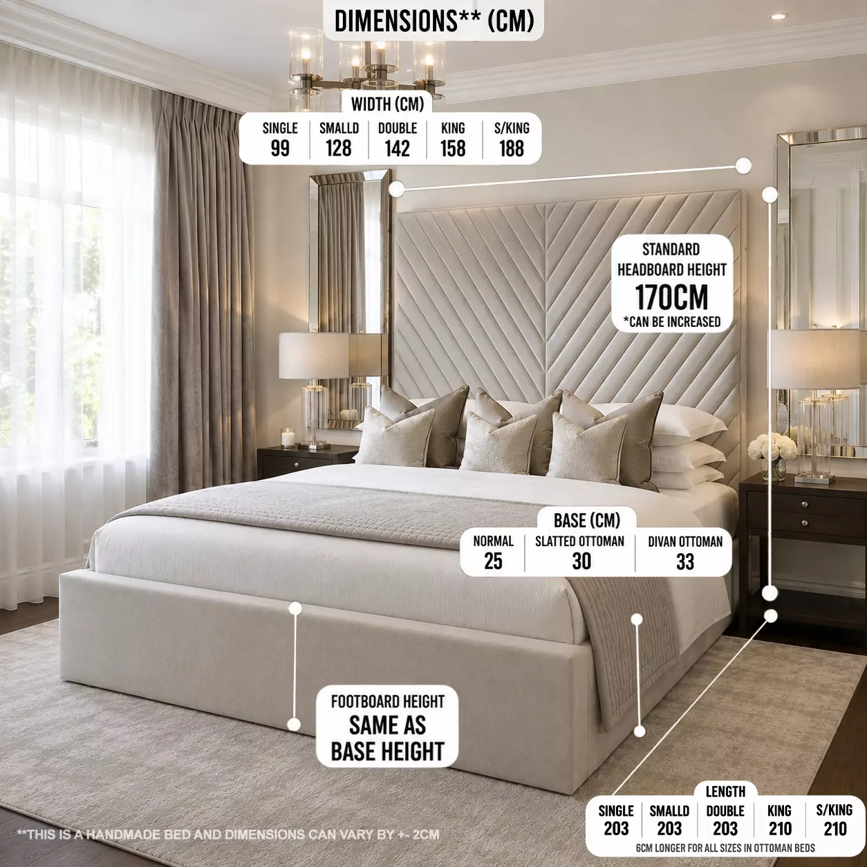Silver Fern bed frame dimensions diagram showing headboard height, frame width and length