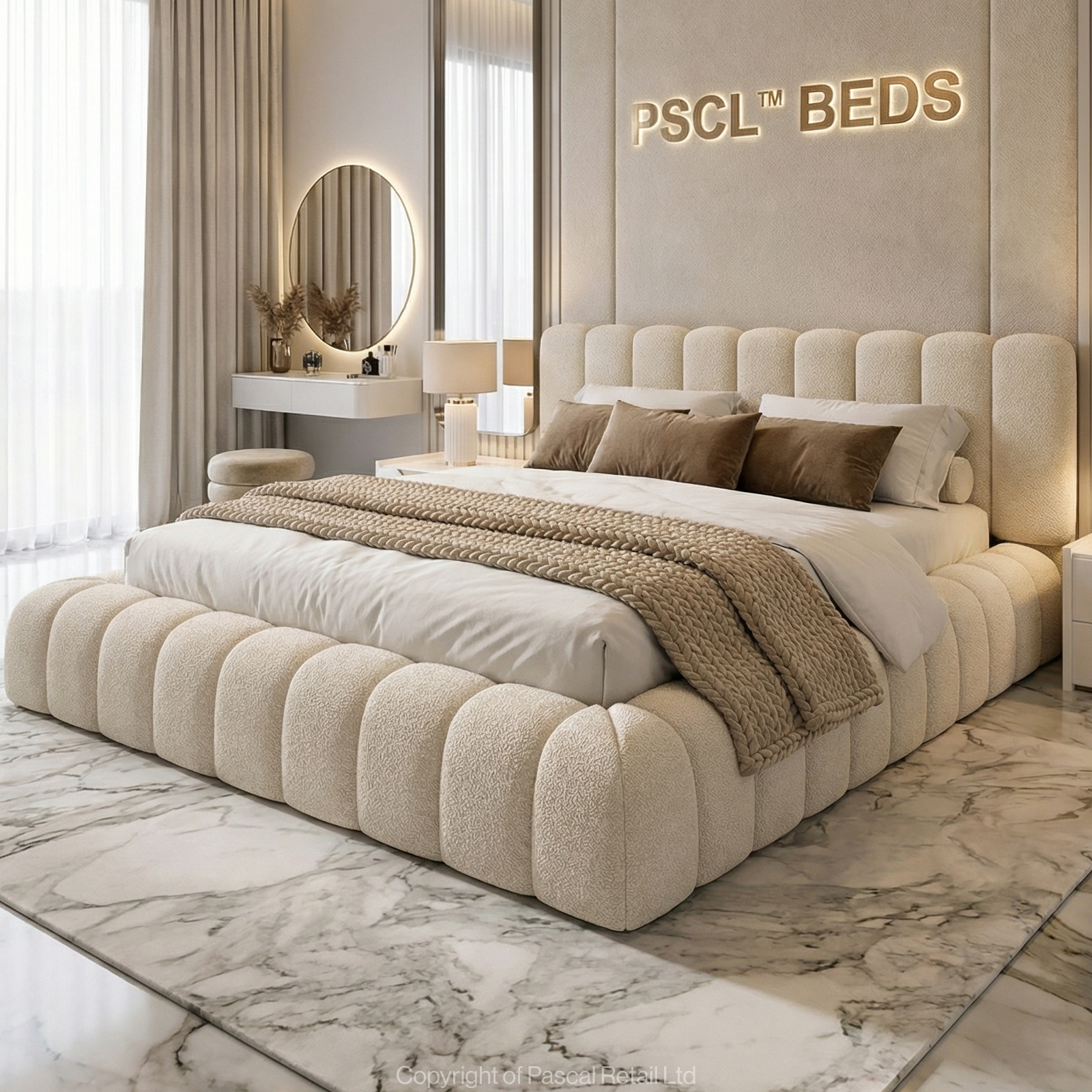 Cloud upholstered bed frame in soft cream boucle fabric with a curved headboard, made to order in Yorkshire