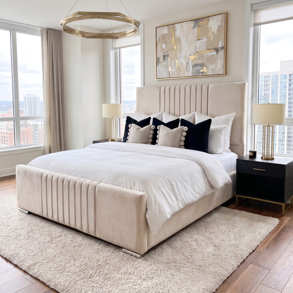 Oslo-Linear minimalist upholstered bed frame in Plush Silver fabric