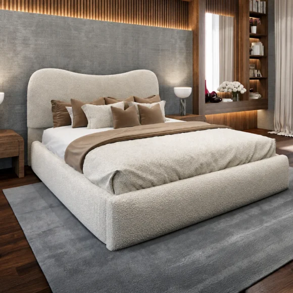 Moon Cream Bouclé bed with optional ottoman storage