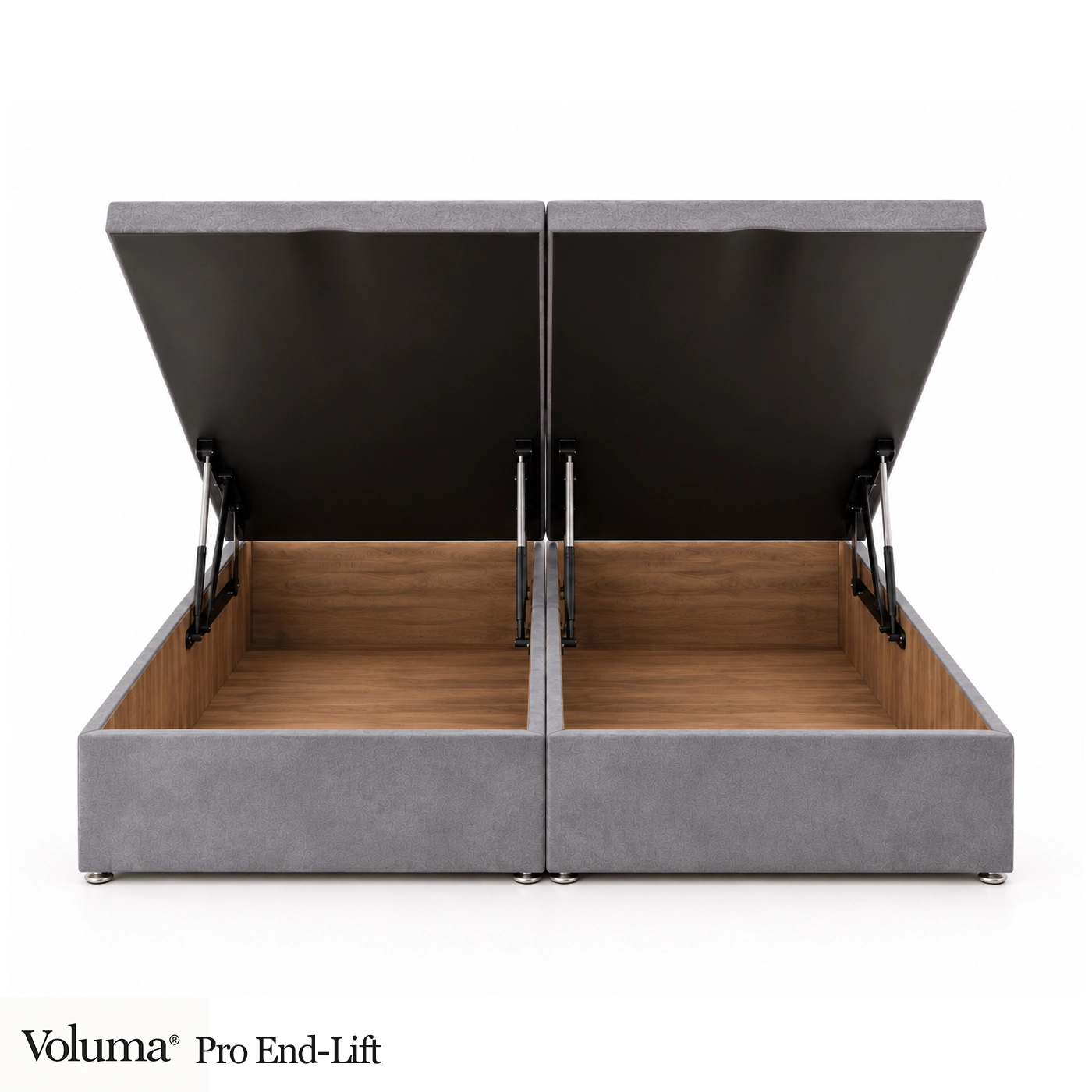 Voluma® Pro End Lift ottoman divan base, alternative angle showing the upholstered base and chrome effect glides