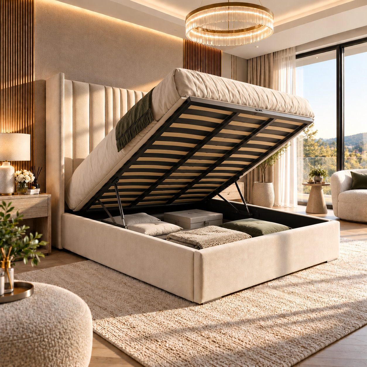 Chicago Heights ottoman bed with the gas-lift slatted platform raised to show the storage space