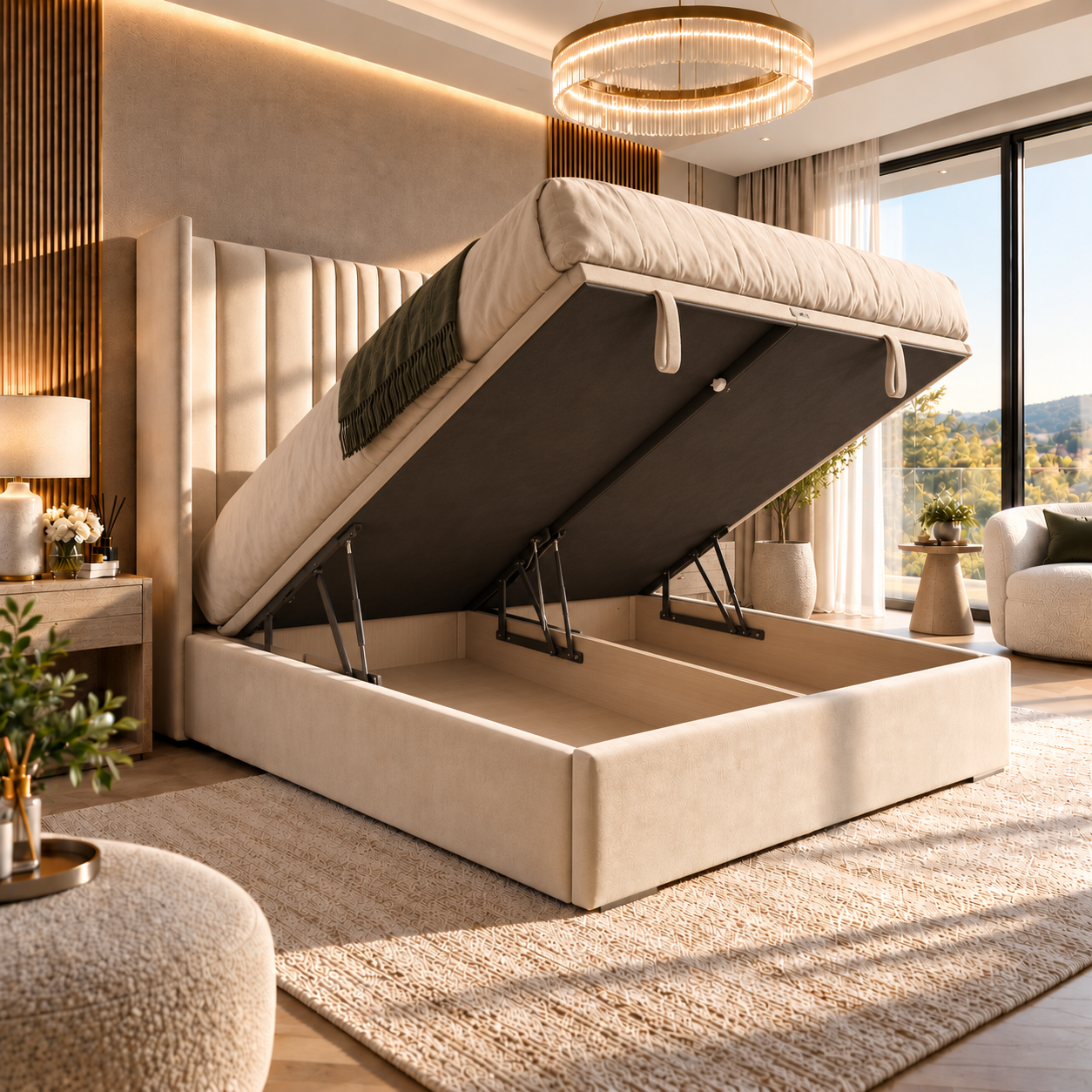 Chicago Heights bed with a solid divan ottoman storage base lifted open