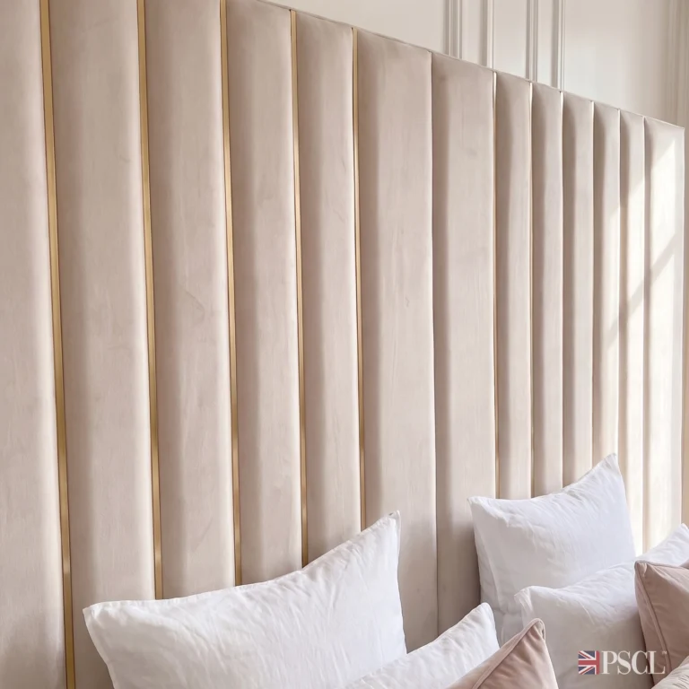 Close up of the 183cm tall headboard on The Grand bed frame with plush cream upholstery and golden lining