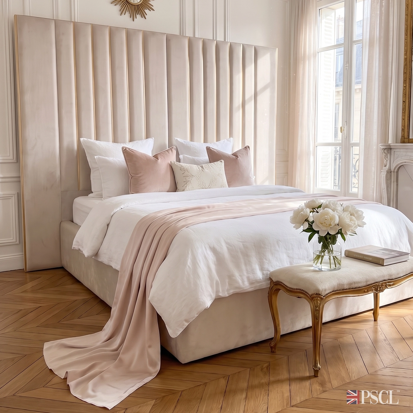 The Grand bed frame with 183cm tall headboard in plush cream fabric with golden lining, handmade in Yorkshire by PSCL Beds