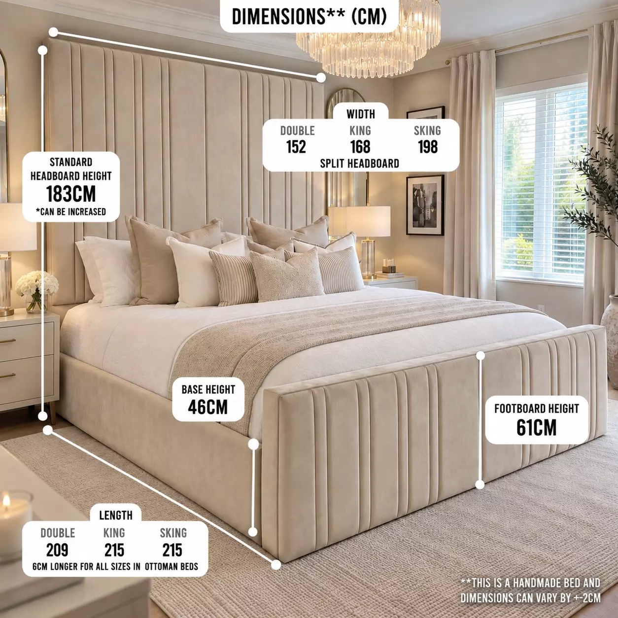 DaVinci tall headboard bed dimensions diagram showing 183 cm headboard height, frame widths and lengths
