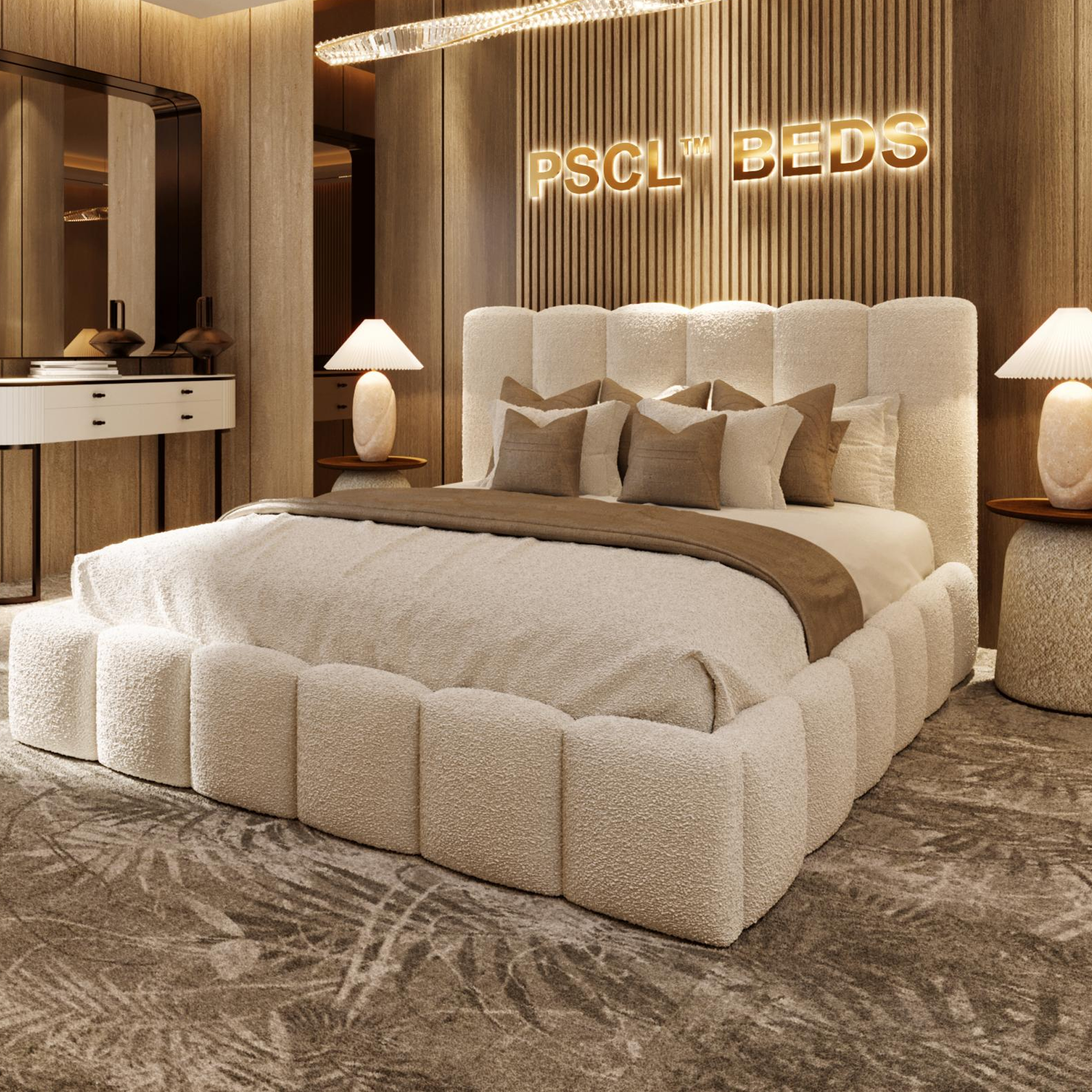 Teddy Orlando teddy boucle bed frame in cream with tall 122cm headboard and optional ottoman storage
