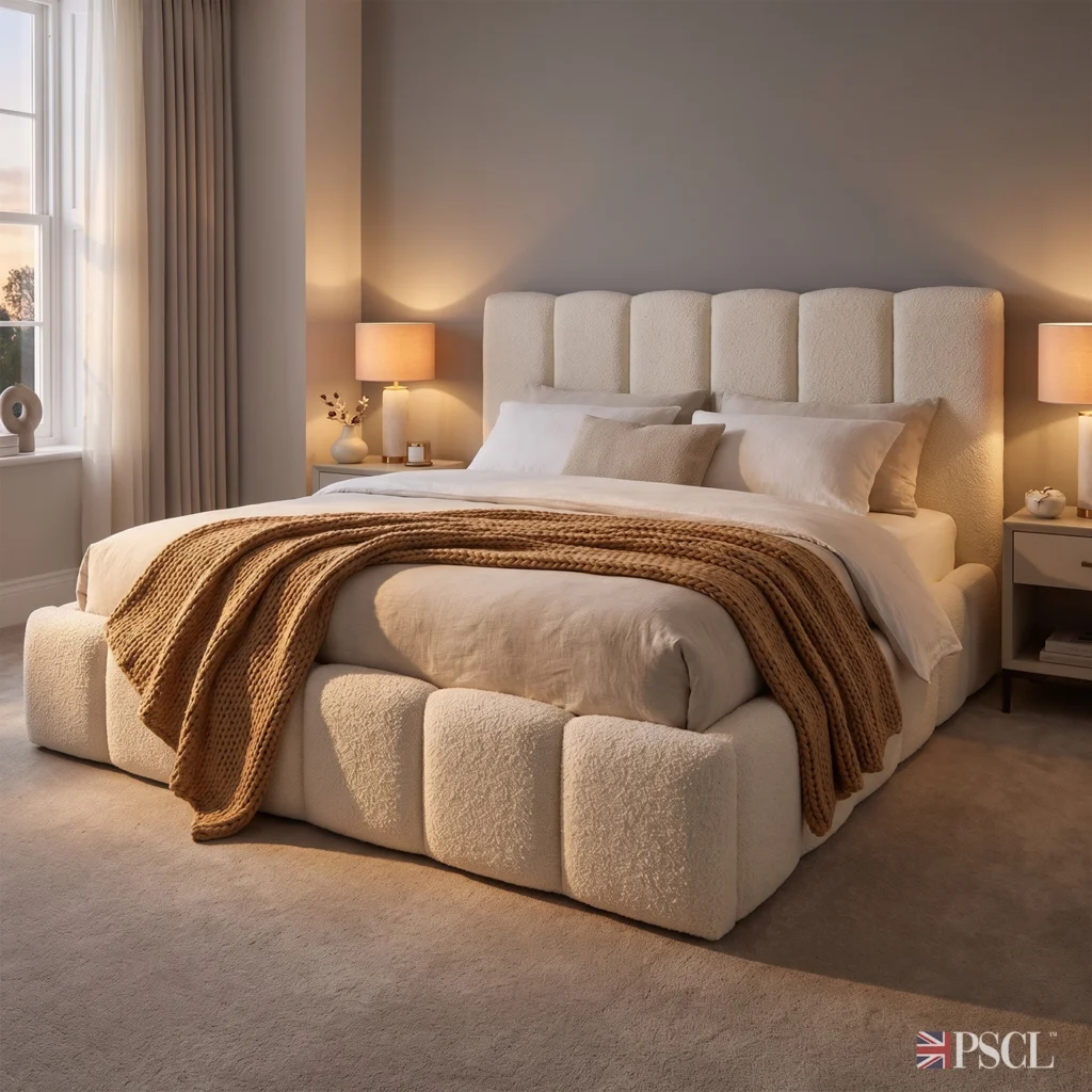 Teddy Orlando cream teddy boucle bed frame with tall panelled headboard, handmade in Yorkshire
