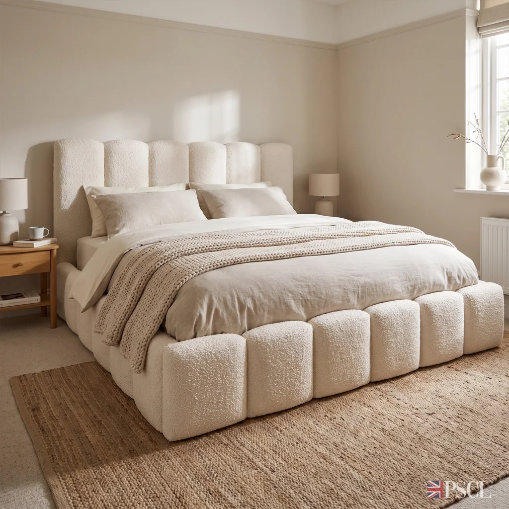 Teddy Orlando teddy boucle ottoman bed frame showing low footboard and upholstered base