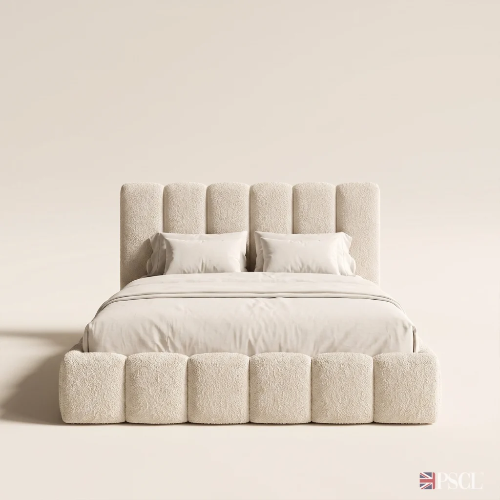 Front on view of the Teddy Orlando teddy boucle bed frame with 122cm headboard, optional ottoman storage