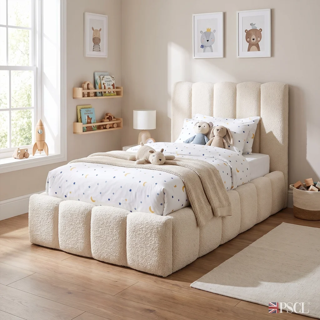 Single Teddy Orlando teddy boucle bed frame with optional ottoman storage, ideal for kids rooms and guest bedrooms