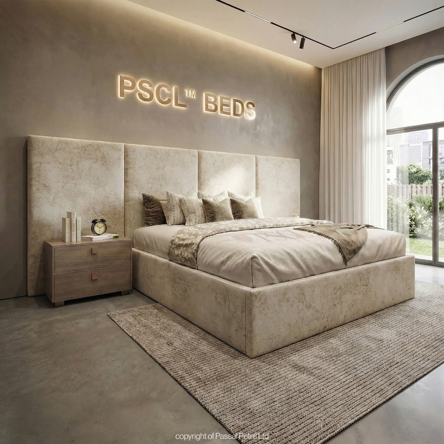 Bahamas PSCL luxury wide headboard bed with 127cm hotel style headboard in Marble Oatmeal fabric