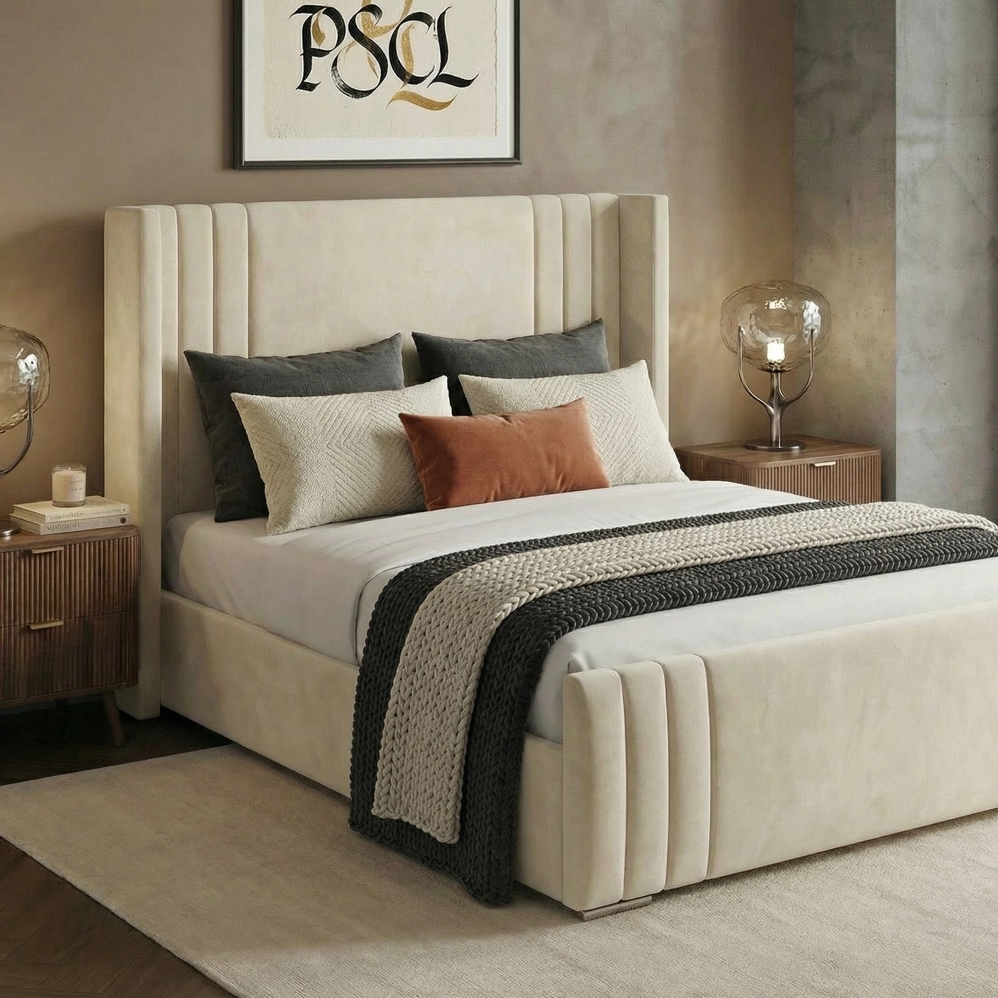 PSCL Arizona wingback bed frame with vertical channel stitching, shown in Plush Cream