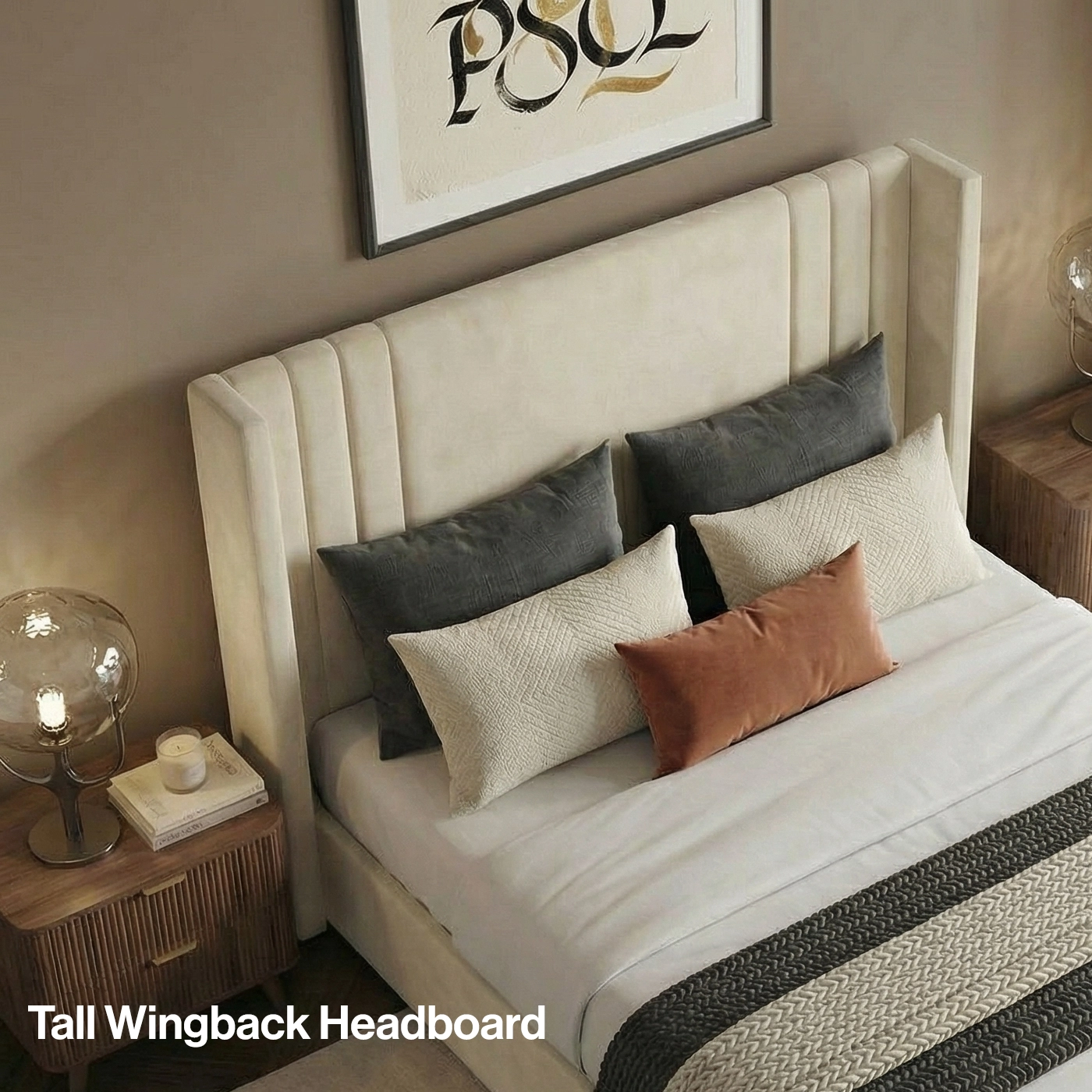 Tall wingback headboard with continuous vertical fluting