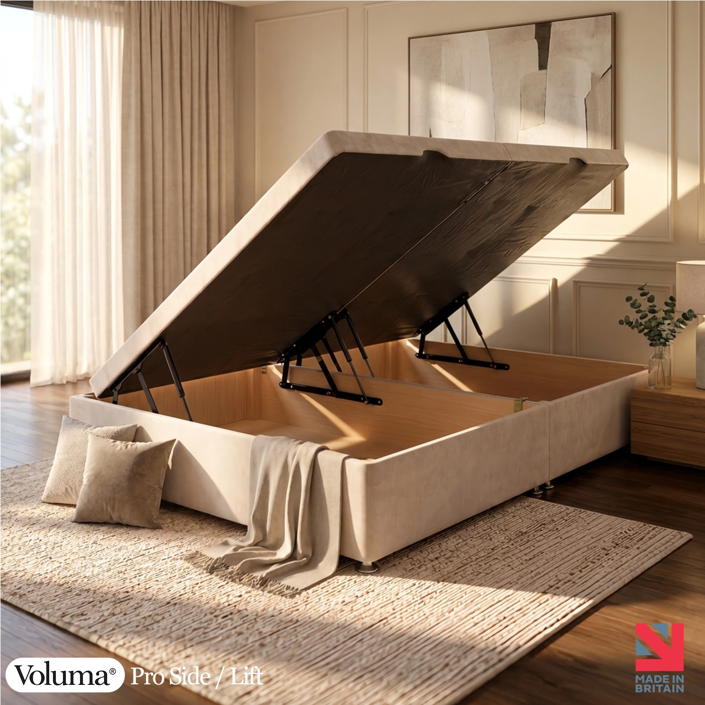 Voluma® Pro Side Lift ottoman divan base lifted open from the side to show the full storage compartment