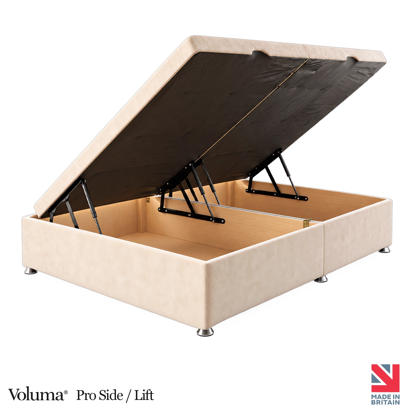 Voluma® Pro Side Lift ottoman divan bed base in a styled bedroom
