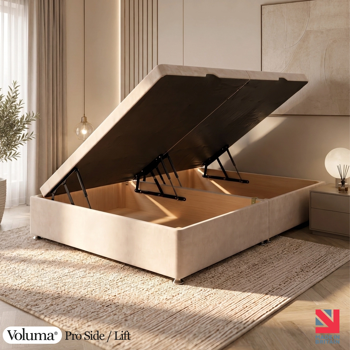 Voluma® Pro Side Lift divan base showing the upholstered edge and chrome effect glides