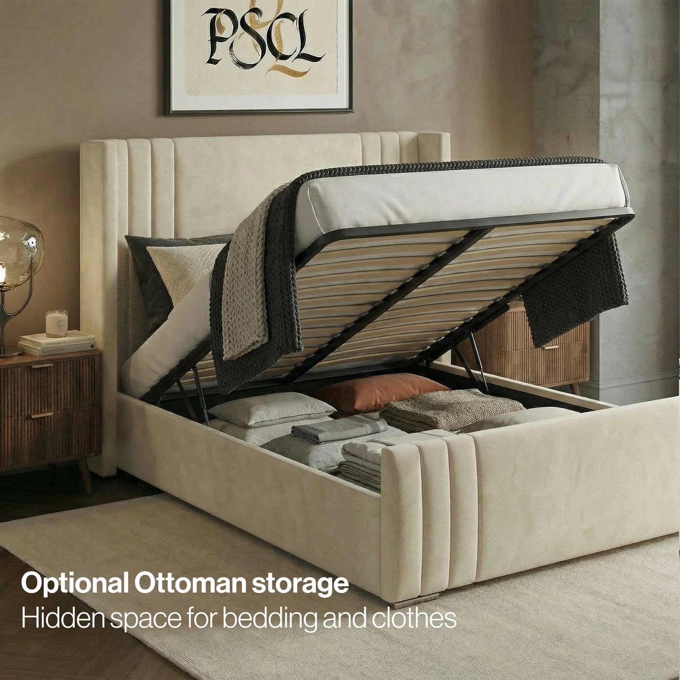 Arizona ottoman bed open showing gas-lift storage compartment