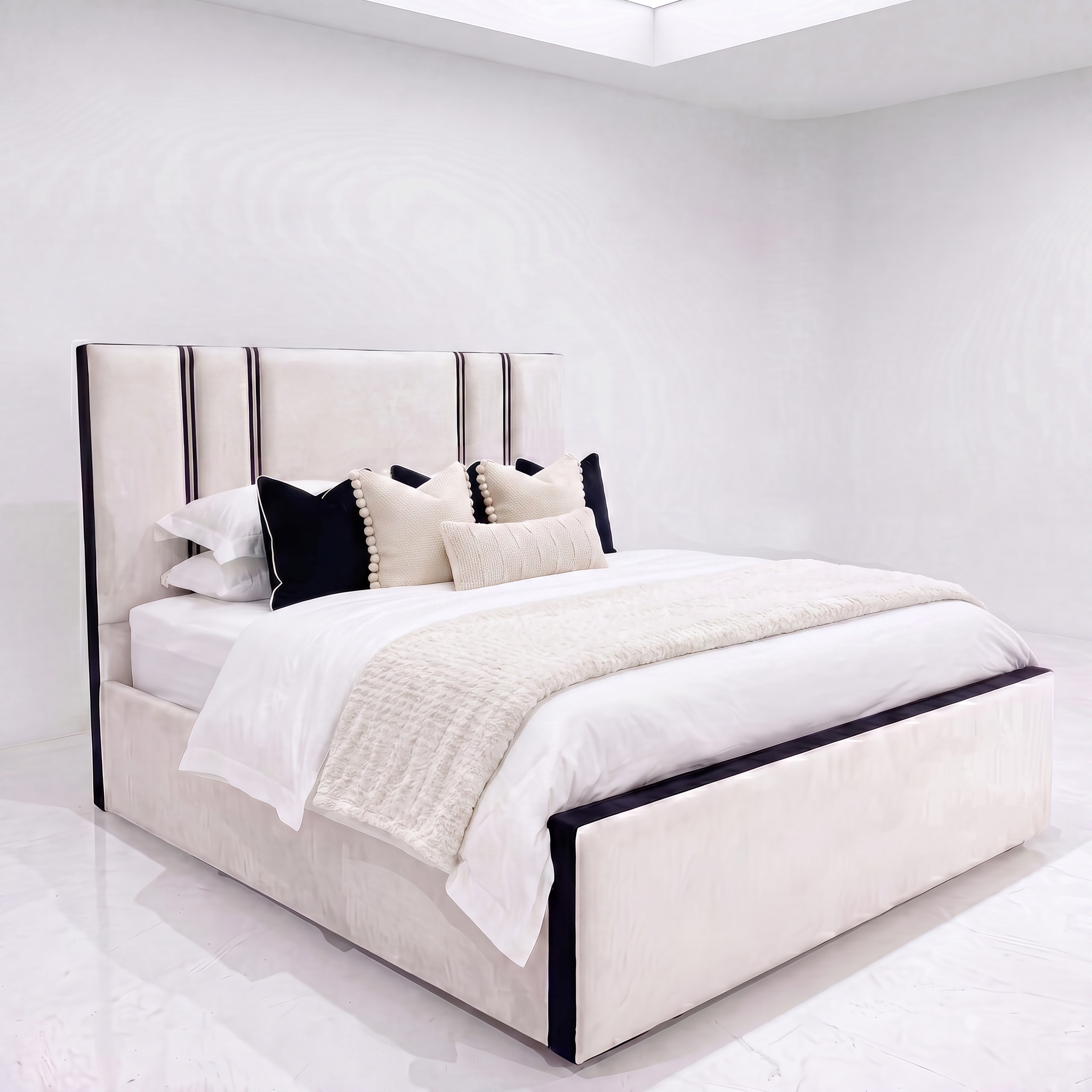 PSCL Amalfi Italian style bed in Plush Cream with contrast piping, styled with bedding